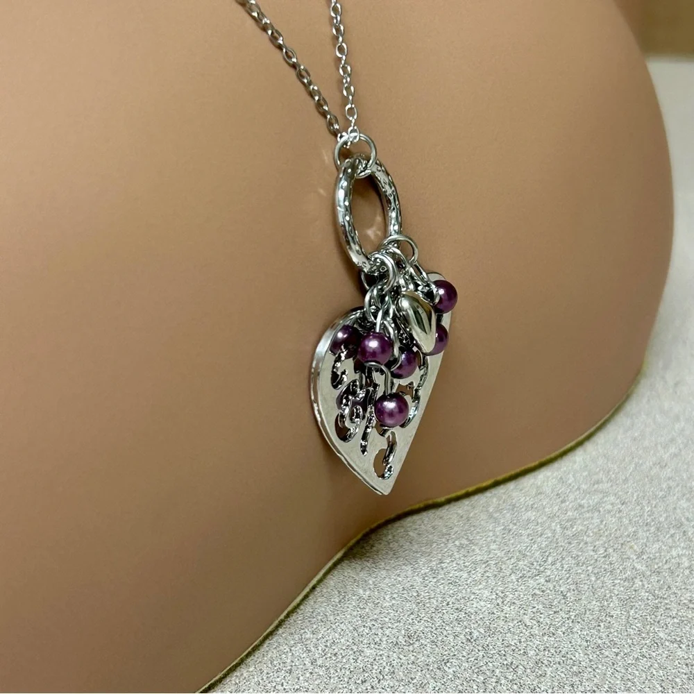 Long Silver and Purple Bead Accent Heart Pendant Necklace